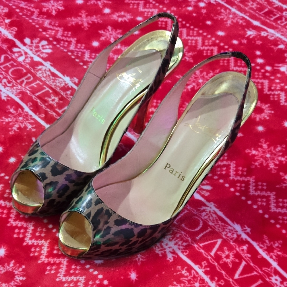 Louboutin Leopard Peep-Toe Slingback Heels